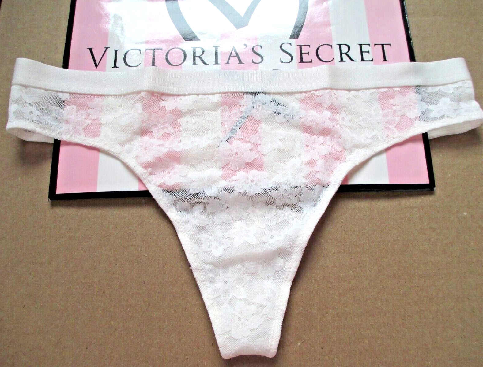 VICTORIA’S SECRET PINK Thong Panty S M Coconut White NWT Lace NWT Elastic Band