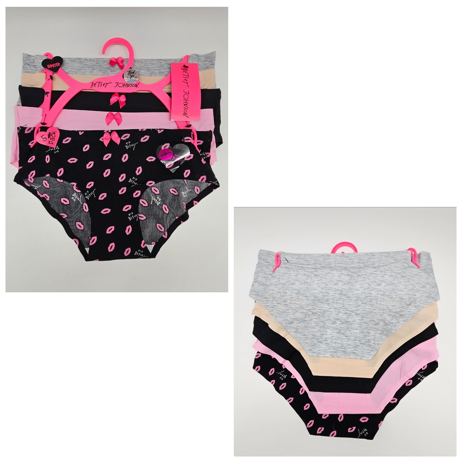 BETSEY JOHNSON 5 Pack Women’s S M L Micro Panties Tag Free Black Pink Beige Gray