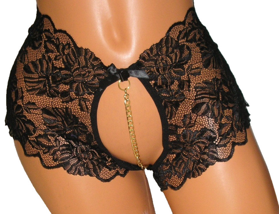 Panties Lingerie Black Lace Chain Accent Open Back Crotchless, XL Adult Gift