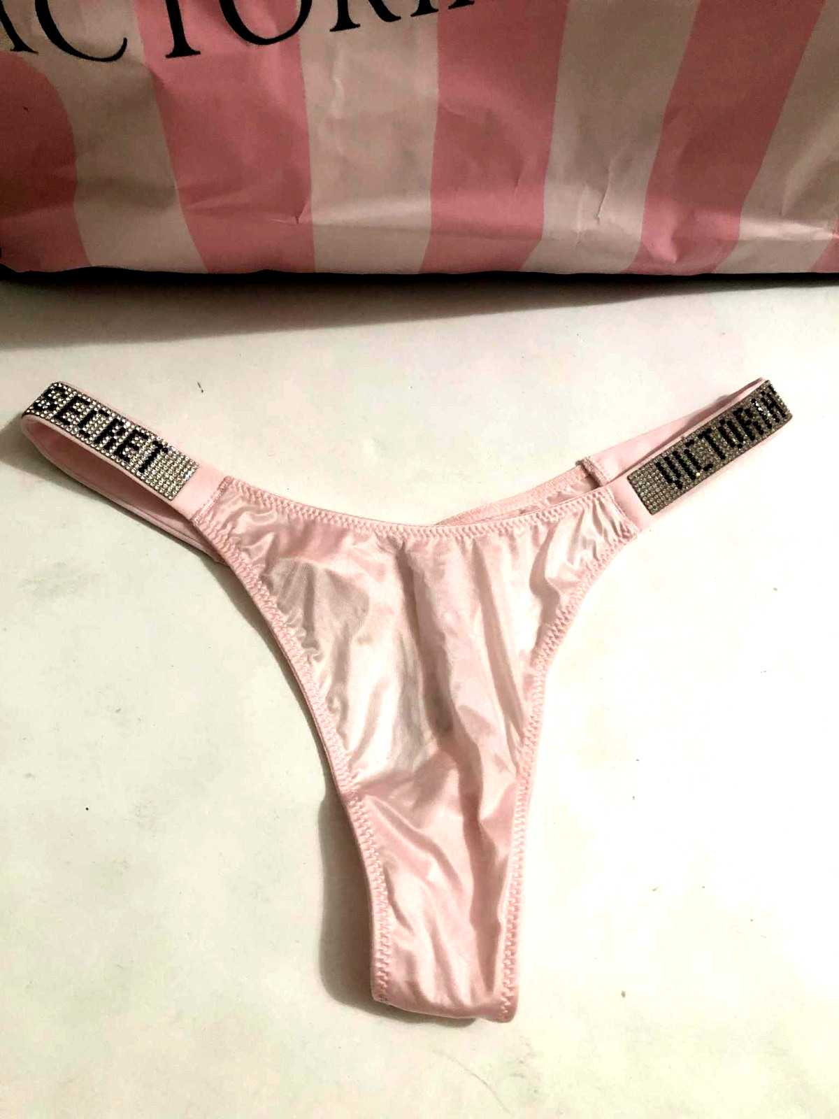 Victoria’s Secret Bombshell Shine Strap Logo Thong Panty Purest Pink NWT