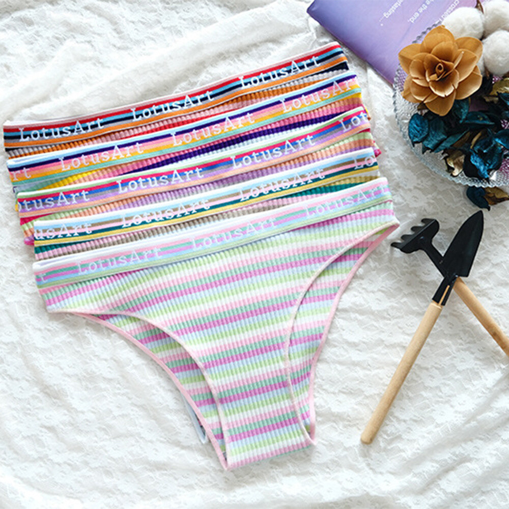 5pcs/lot Sexy Rainbow Stripe Women Cotton Panties T Back Stripe Briefs Underwear