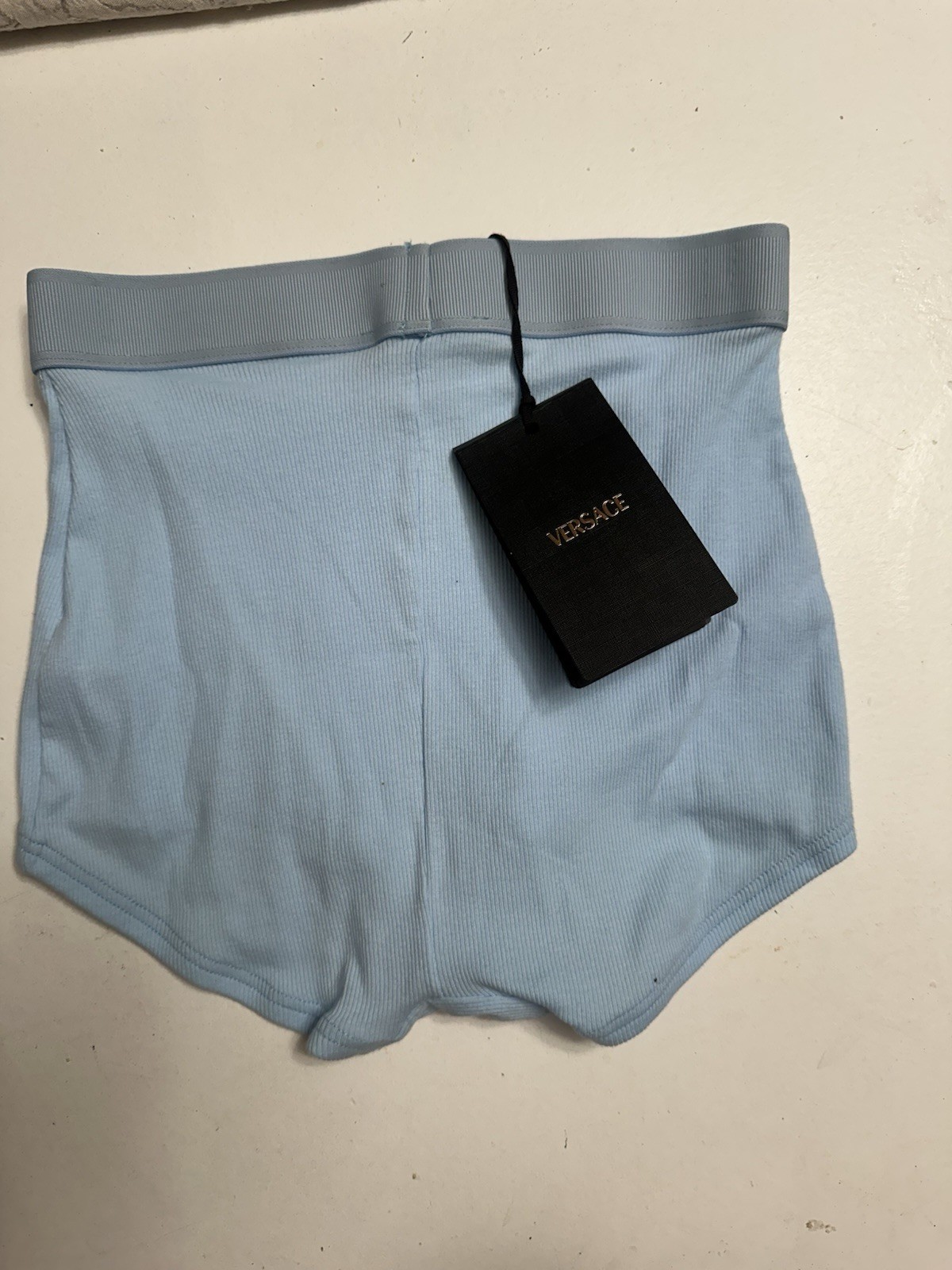 Versace 90s Vintage Logo Ribbed Shorts Light Blue Size 1 NWT Authentic $150