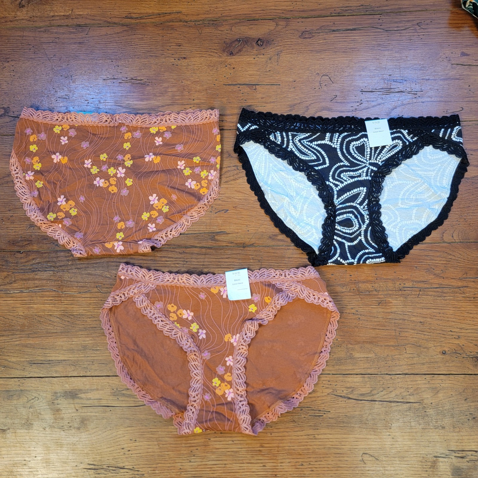 (3) Auden Womens Small (4-6) Cotton Bikini Underwear Target Black Brown Lace S