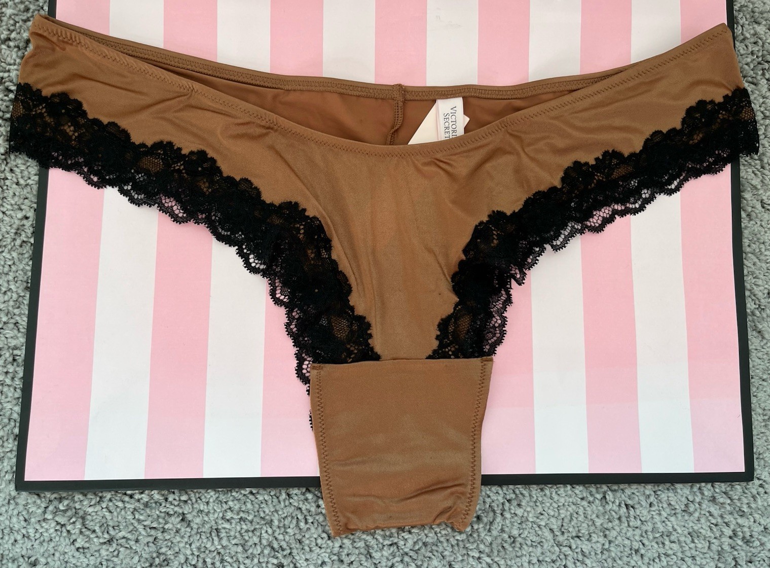 XL Victoria Secret Brown Smooth Rose Lace Trim Tanga Panty NEW