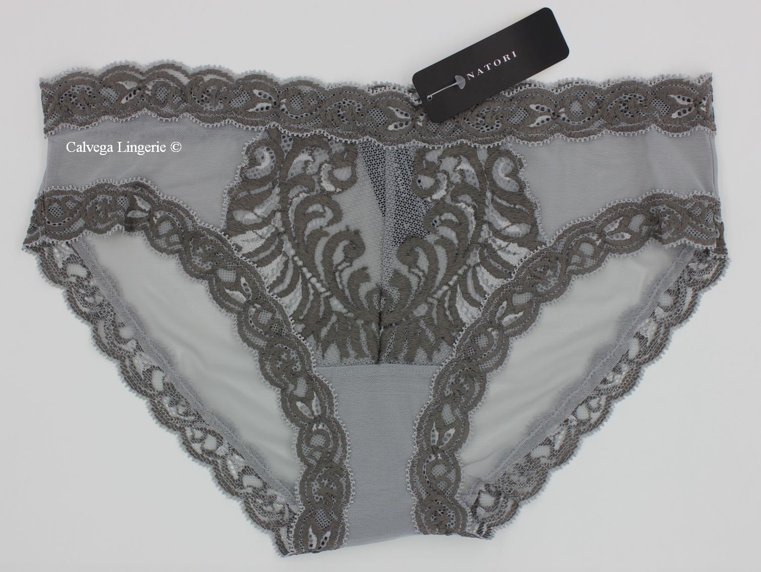 NWT NATORI 753023 “Feathers” Mesh w/Lace Hipster Panty, Gray (“Stone/Fog”)