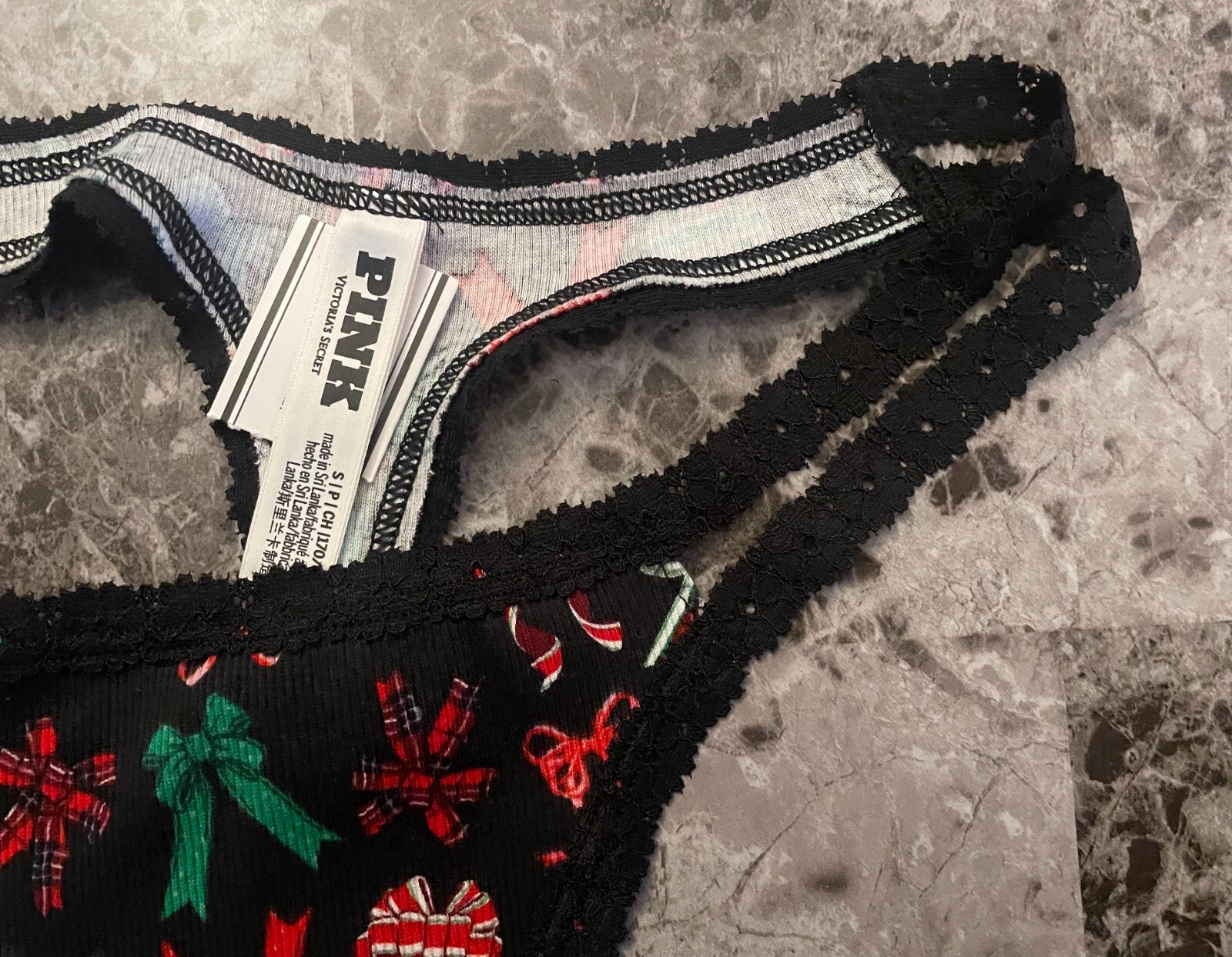 VICTORIA’S SECRET PINK S HOLIDAY BOW RIB KNIT LACE DOUBLE STRAPPY THONG PANTIES