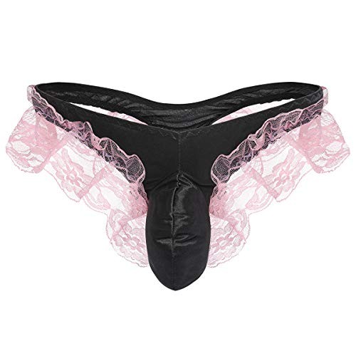 Sexy Men’s Floral Lace Underwear Shiny Satin Sissy Pouch One Size Black + Pink