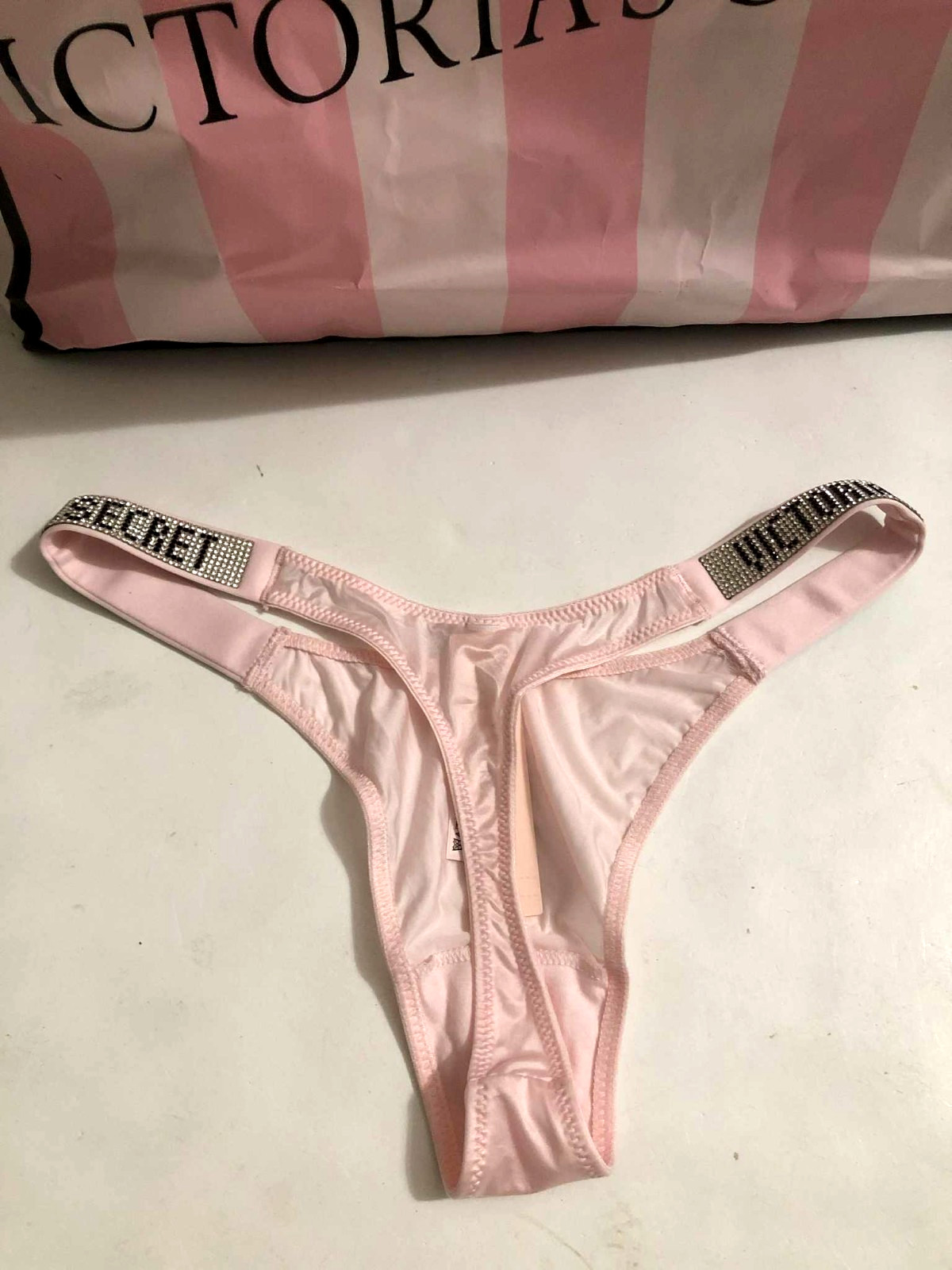 Victoria’s Secret Bombshell Shine Strap Logo Thong Panty Purest Pink NWT