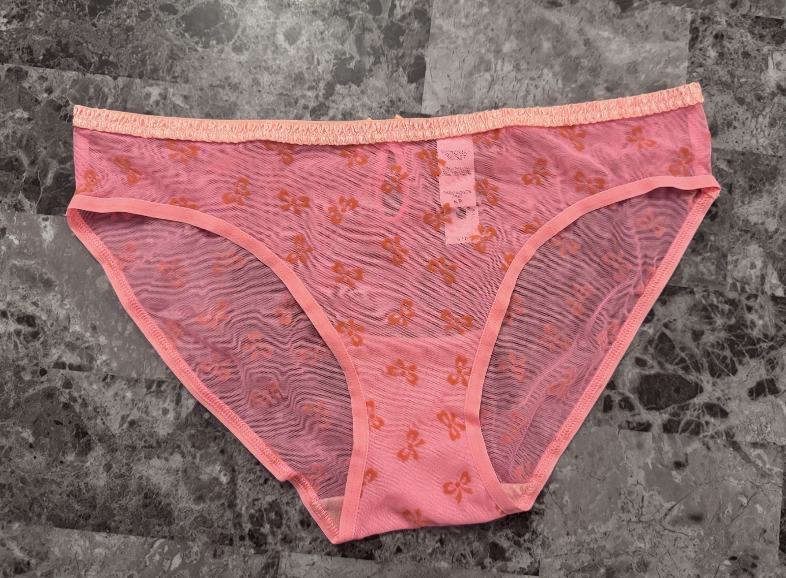 NWT VICTORIA’S SECRET S CORAL BOW FLOCKED VELVET LIKE MESH RARE BIKINI PANTIES