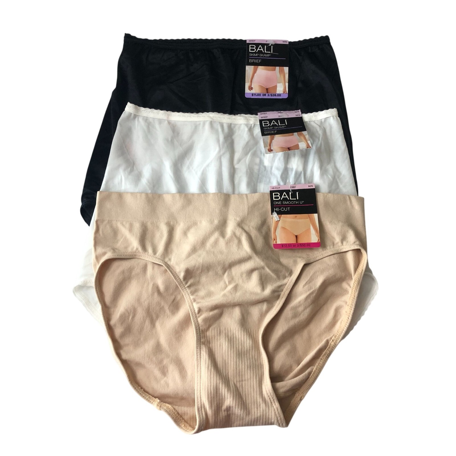 Bali Panties 3 Pair Skimp Skamp Brief One Smooth U Hi-Cut Black White Beige M