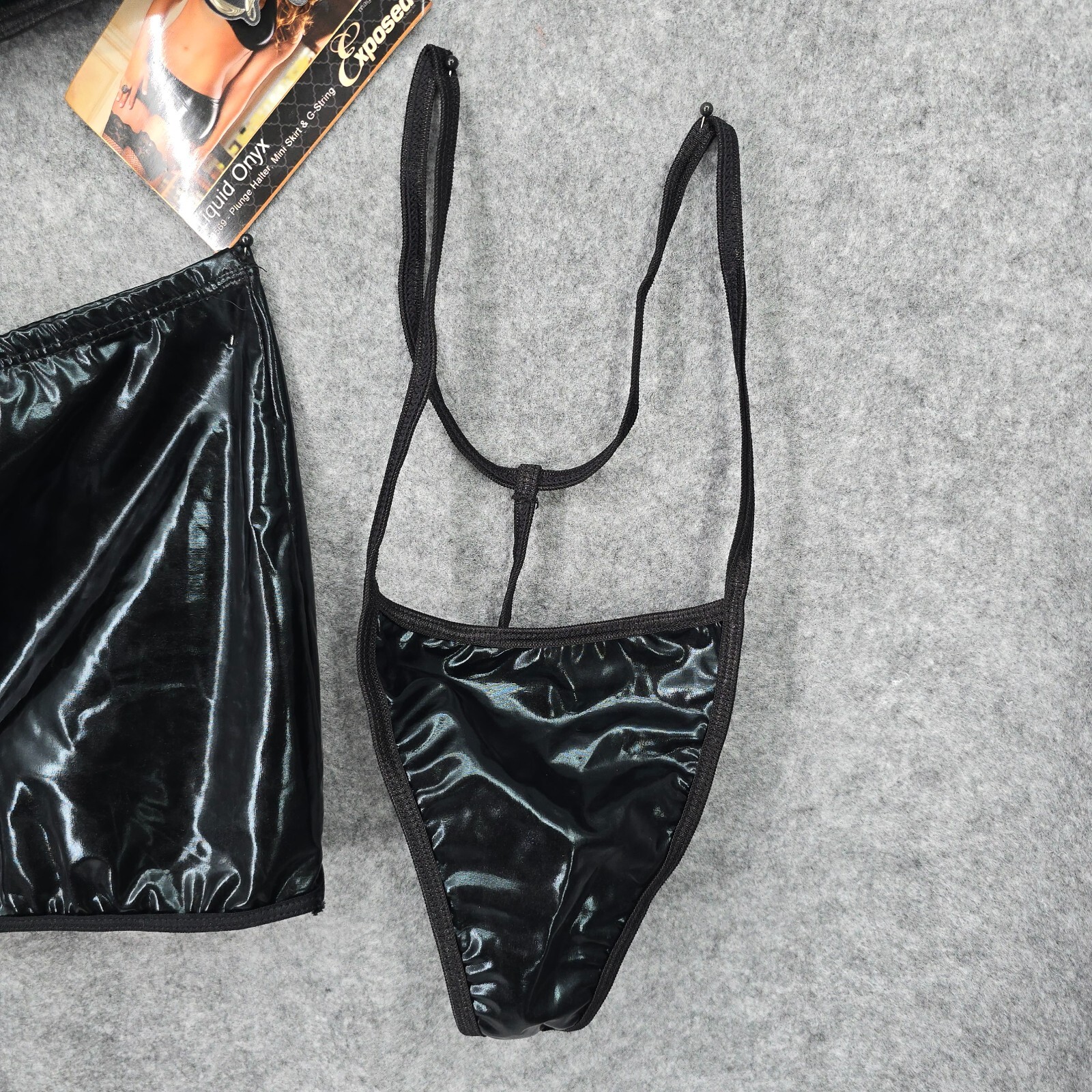 Magic Silk Liquid Onyx Queen Size Cut Out Bralette, Panty & Stirrup Garter Black