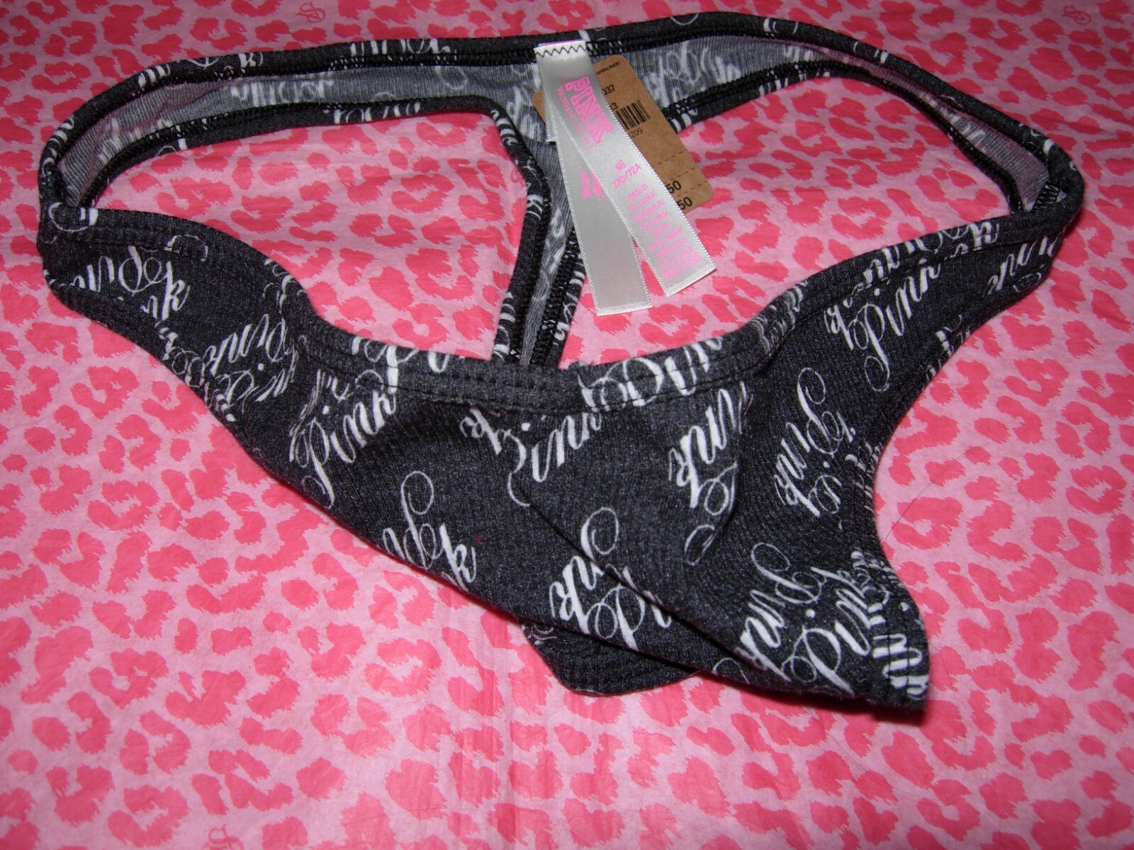 Victoria’s Secret PINK Thong String V-Cut Rib Pure Black Script NWT