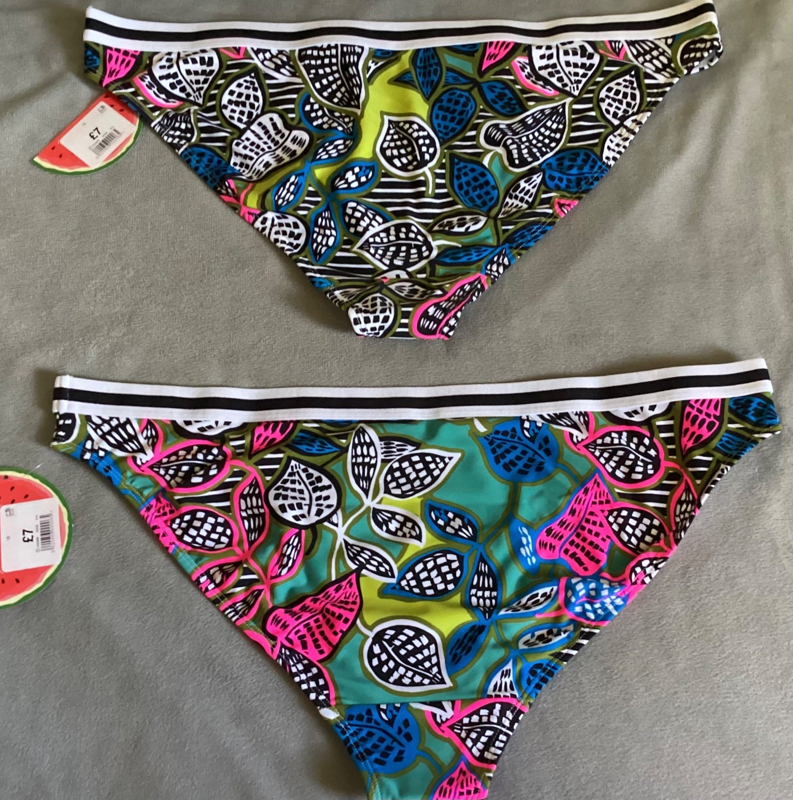 MATALAN -x2 Prs Neon Tropical Print Bikini Bottoms Size 18 Pink+Blue Multi -BNWT