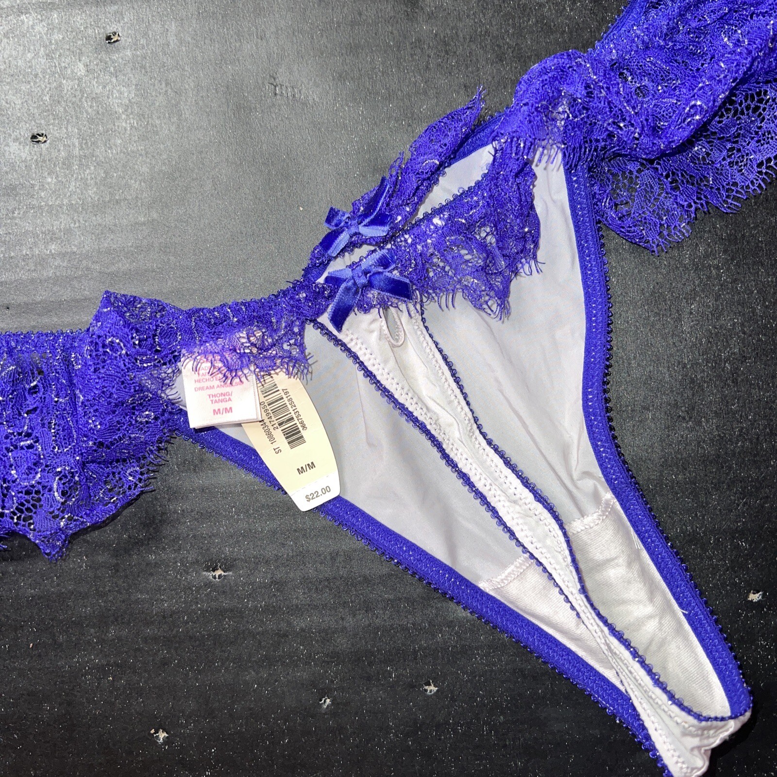 NWT Victoria’s Secret M THONG Gray Purple Silver Lace Velvet Bow DREAM ANGELS