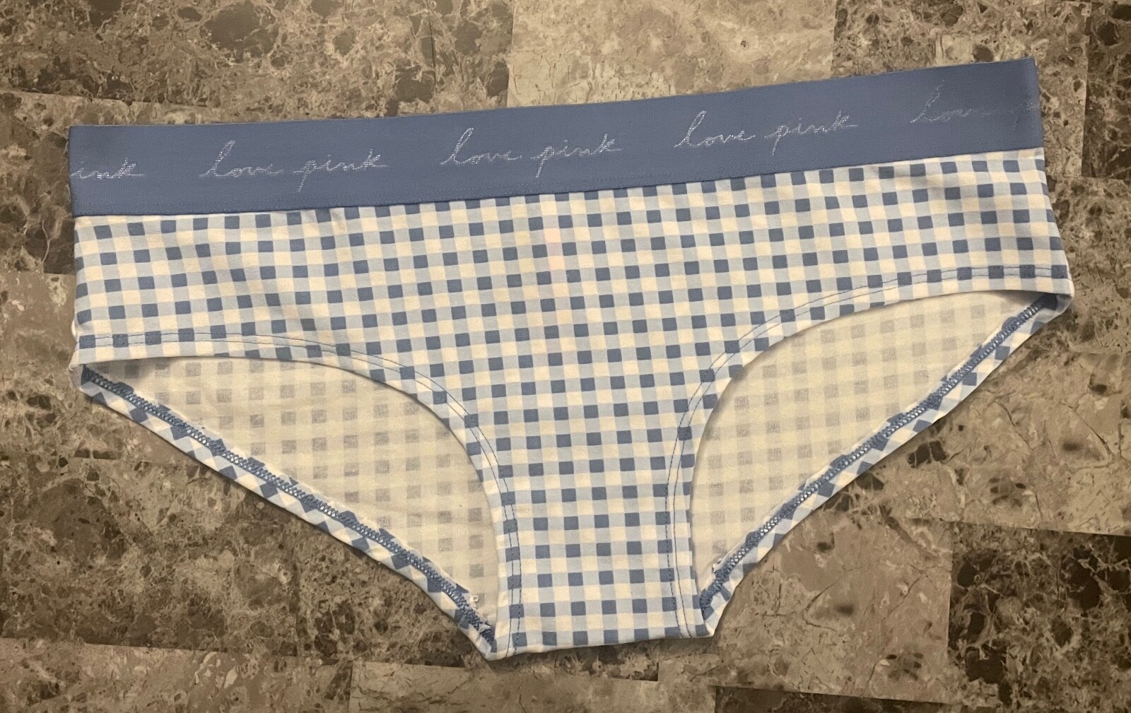 NWT VICTORIA’S SECRET PINK BLUE WHITE GINGHAM PLAID THICK BAND HIPSTER PANTIES
