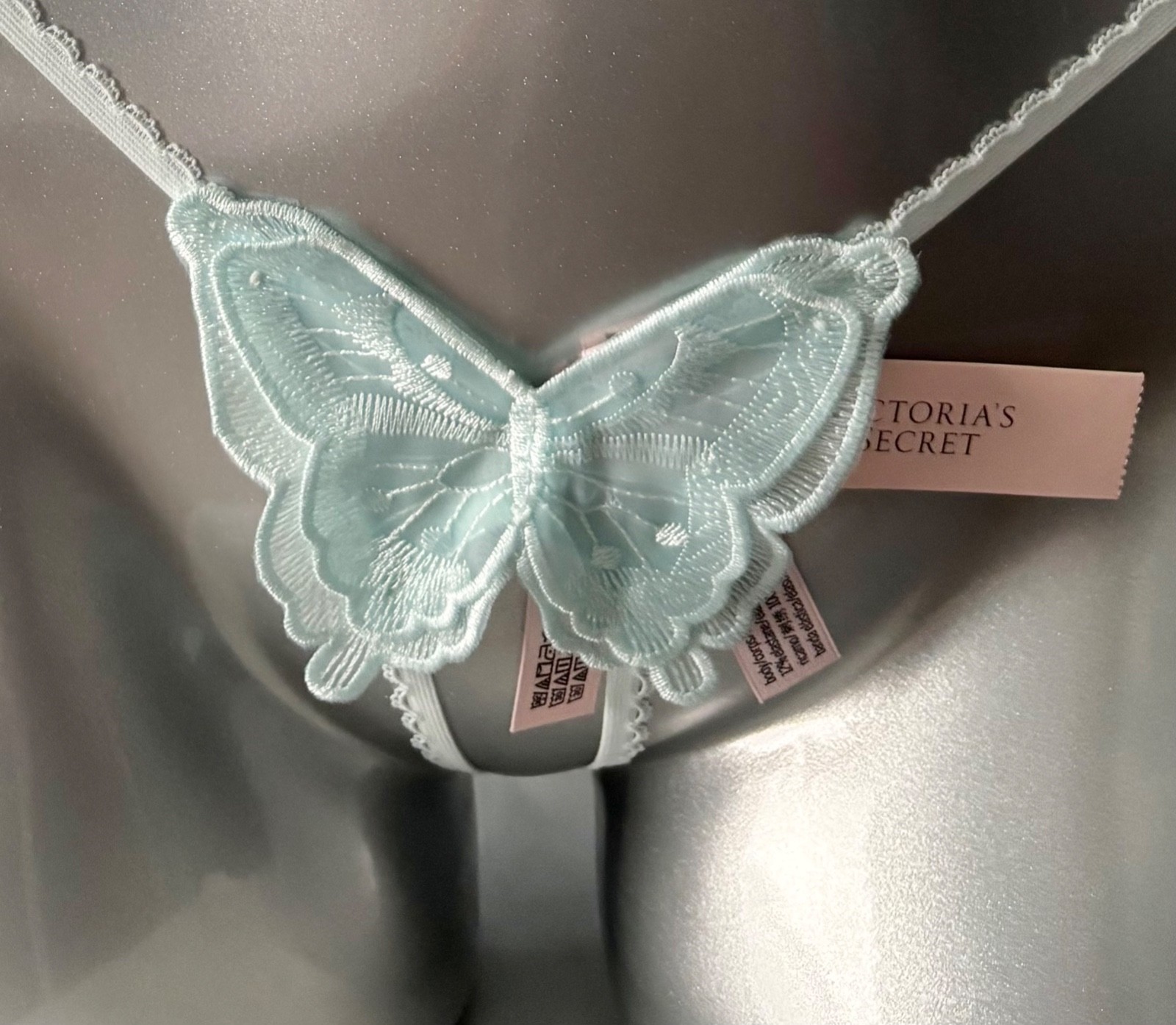 Victoria’s Secret Panty Thong V-String Aqua Butterfly Ouvert Nwt