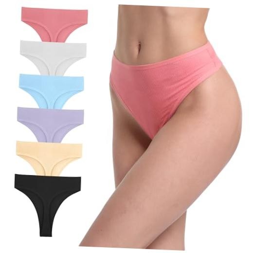 6 Pack Women’s Ribbed Cotton Thongs High Waist Panties Large 6 Pcs High Thong-a