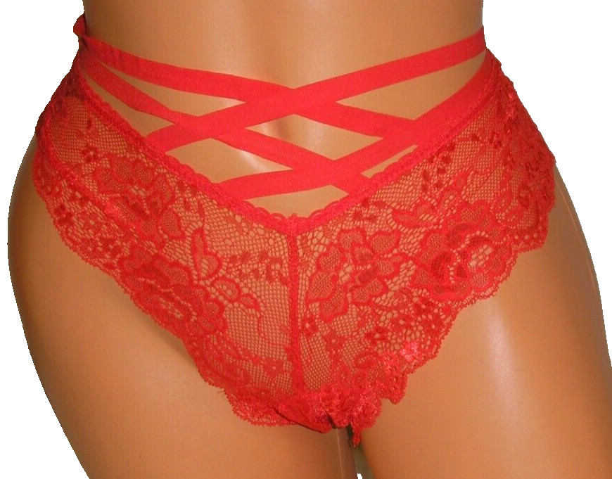 Panties Lingerie Red Lace Strappy Front & Back Cheeky Large Adult Gift