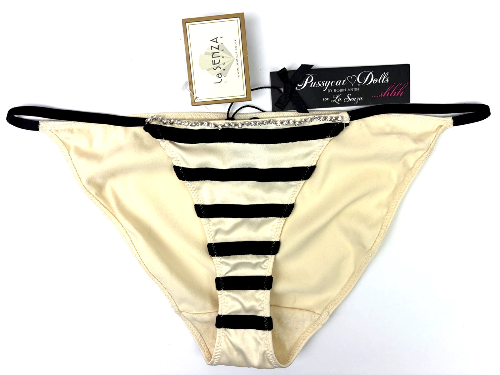 Vintage La Senza Satin & Velvet Knickers with ‘Diamantes’ UK 8 Cream BNWT