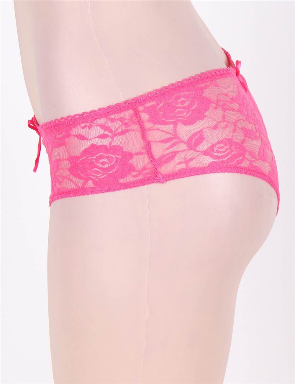 WOW BABE Pink Floral Lace Bow Detail Open Crotch French Knickers Panty Size 8-10