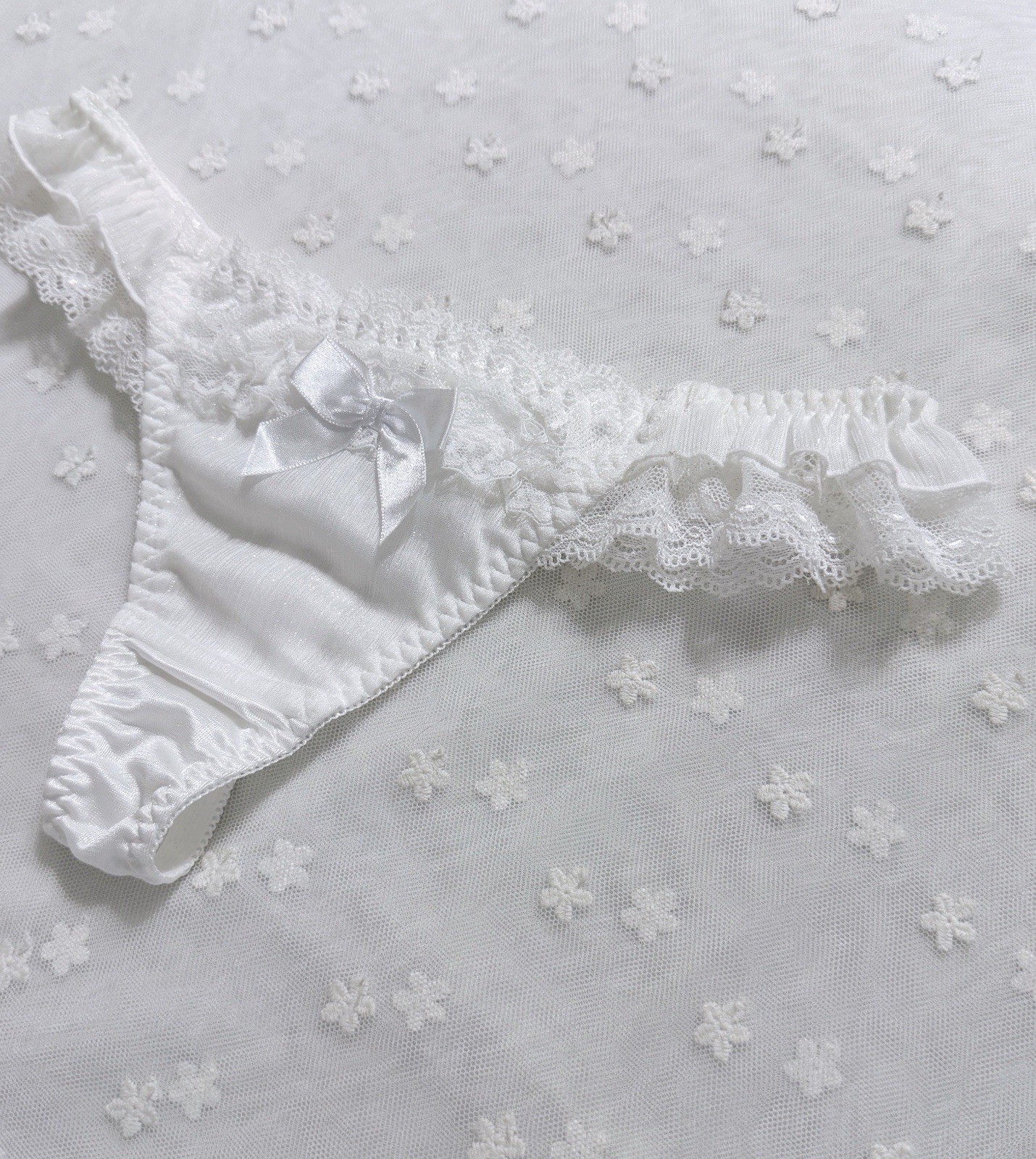 US-S Japanese Brand Satin Bow Glittery Chiffon Trim Lace Ruffle Nylon Thong