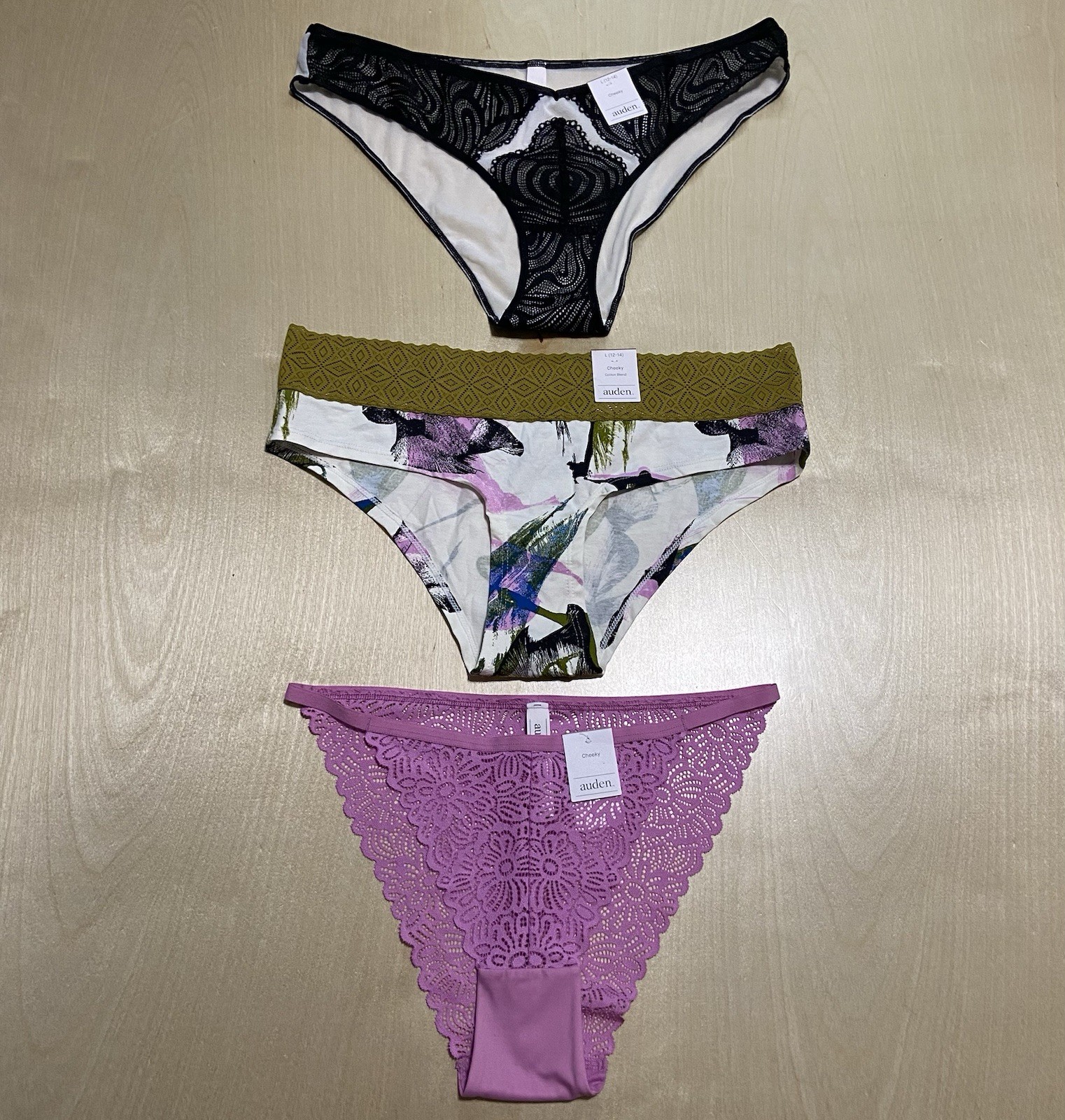 Auden Women’s Size Large (12-14) Semi-Sheer Soft Floral Cheeky Panties 3 Pack