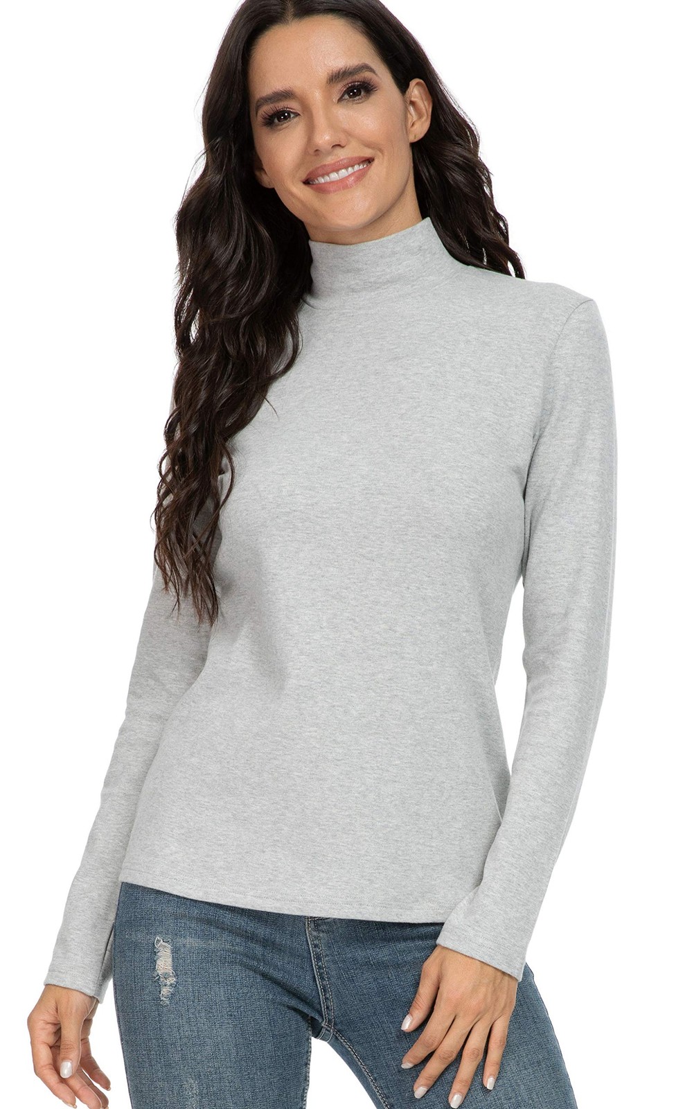Women’s Cotton Mock Turtle Neck Thermal Baselayer Top Light Gray Large