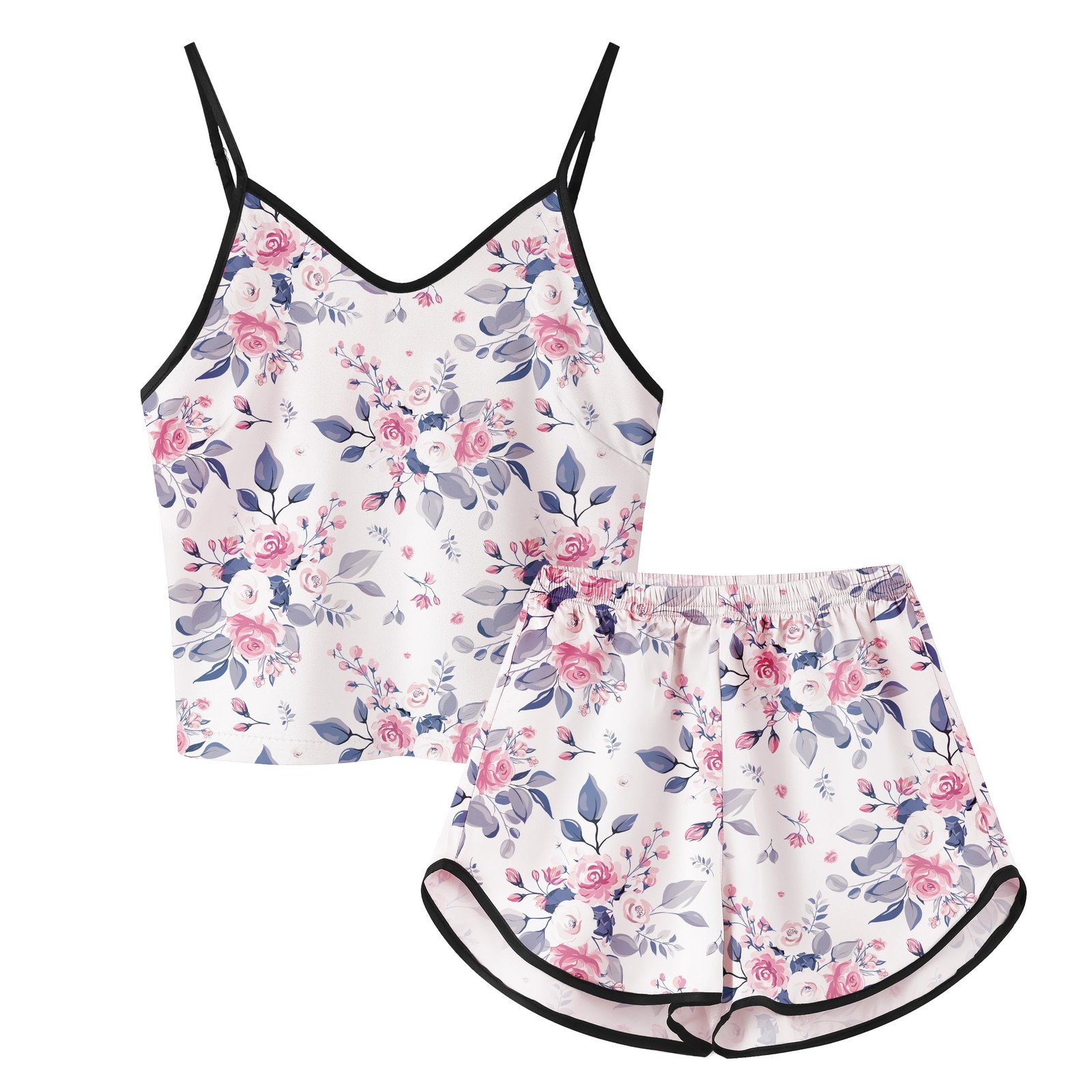 Silk Pajamas for Women Satin Camisole Shorts Set X-Small, H Flower White