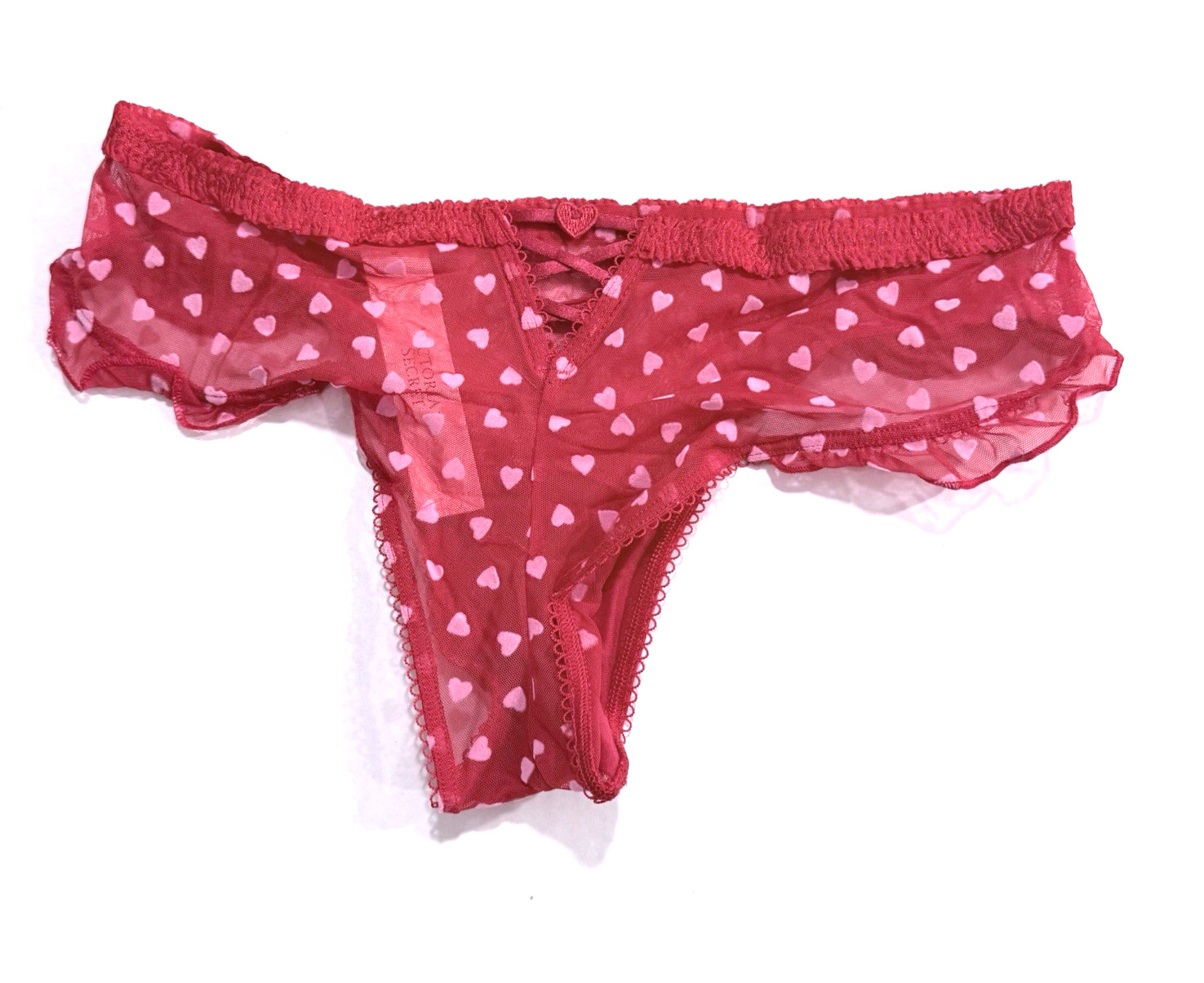 Victoria’s Secret Tease Cheeky Panty Womens S Pink Hearts Back Lace Red Ruffle