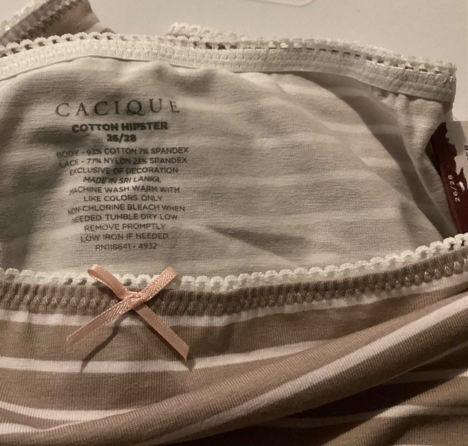 Lane Bryant Cacique panty Lace-Back Cotton Hipster 26 / 28 Taupe White pinstripe