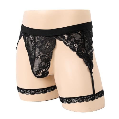 Mens Sissy Thongs Underwear Sexy Lace Panties Boxer Briefs Sheer Medium Black