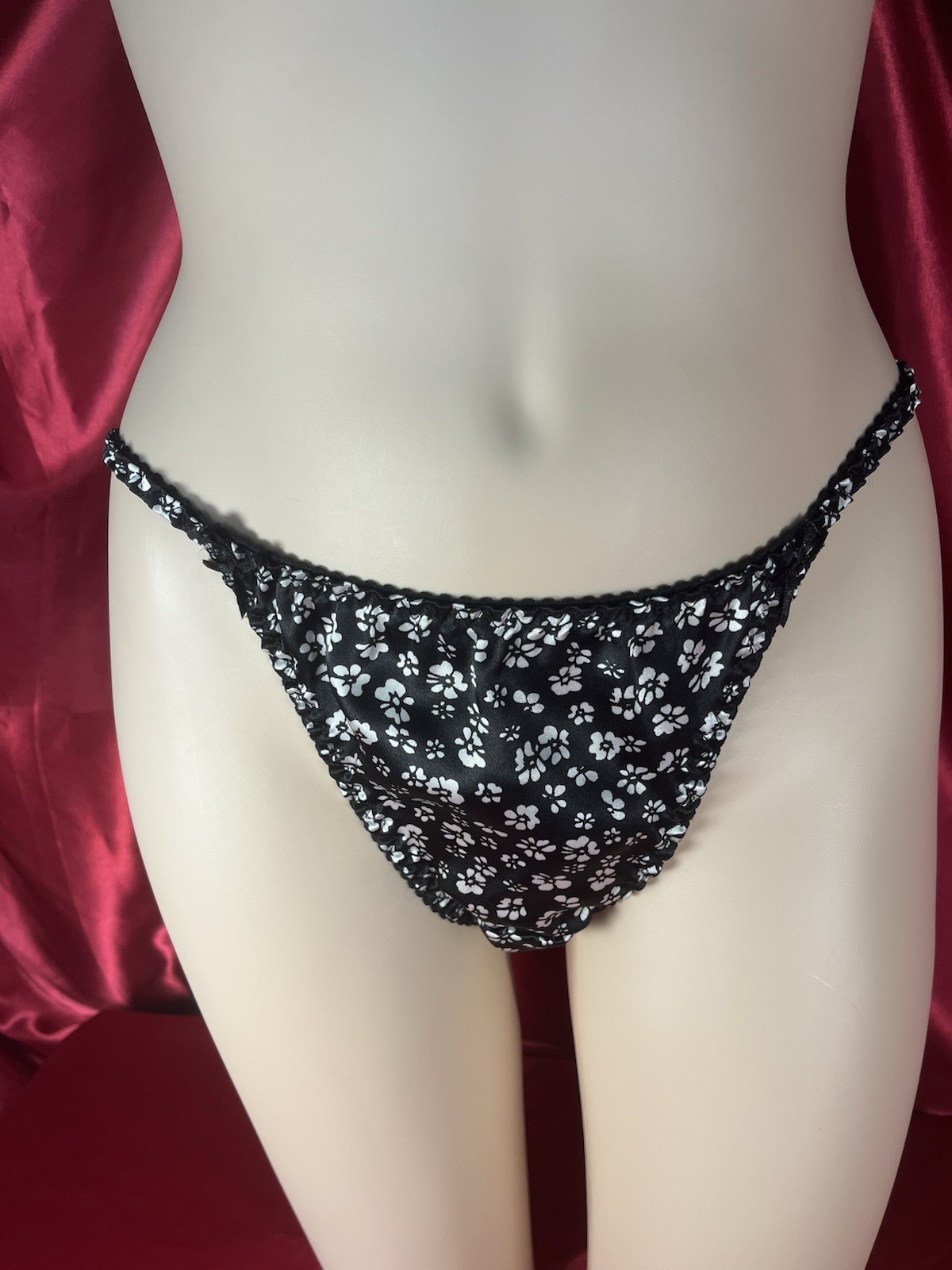 Midnight Black With White Spring Flowers Satin String Bikini Panties Size 5