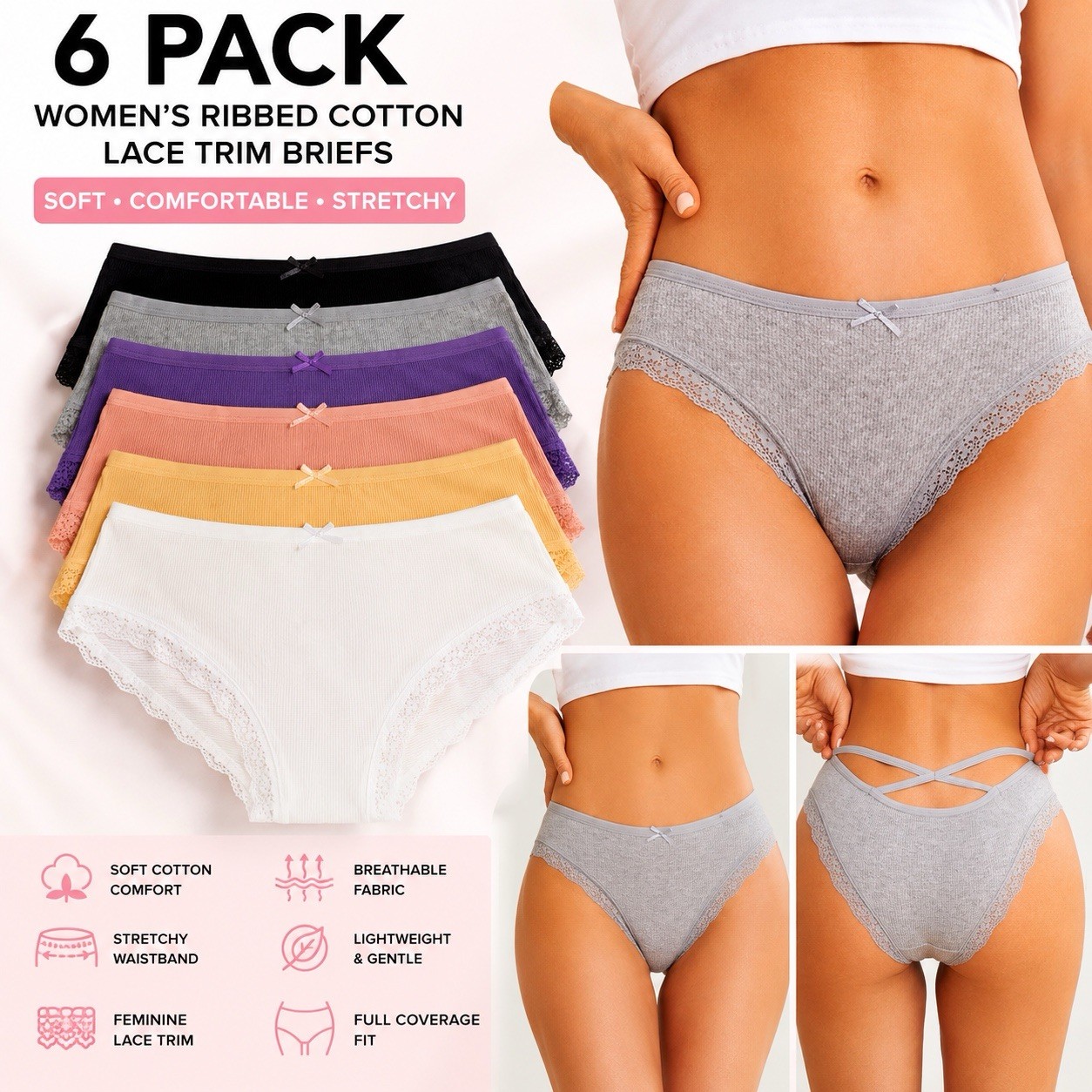 Women’s Teens Comfort Briefs Hollow Back Black Gray Purple Yellow Pink 6pk L