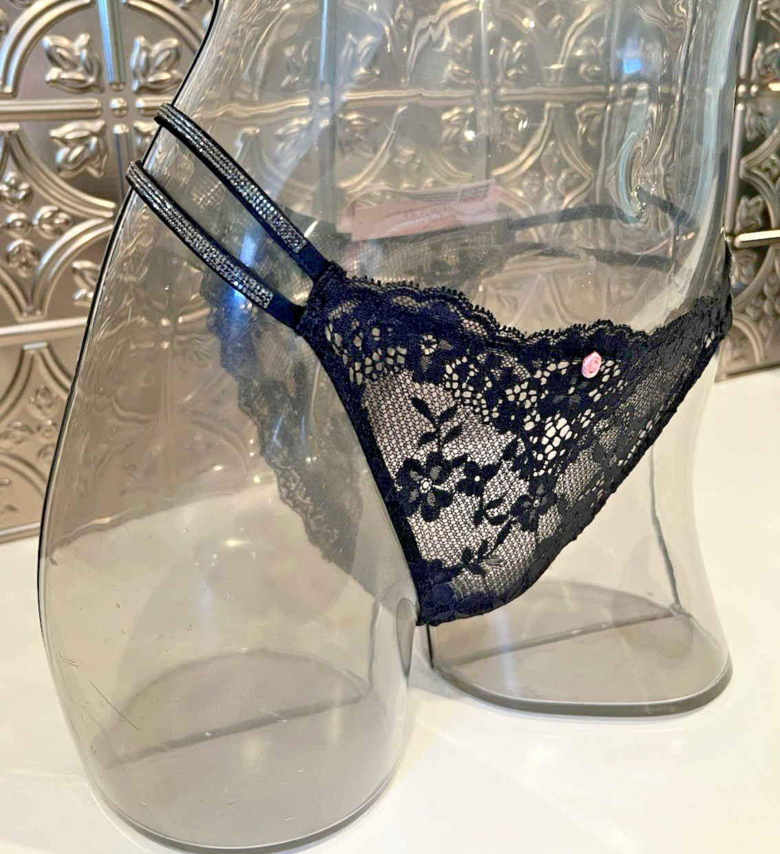 Victoria’s Secret Double Shine Strap Lace BRAZILIAN Panty Sz M BLACK NWT$24