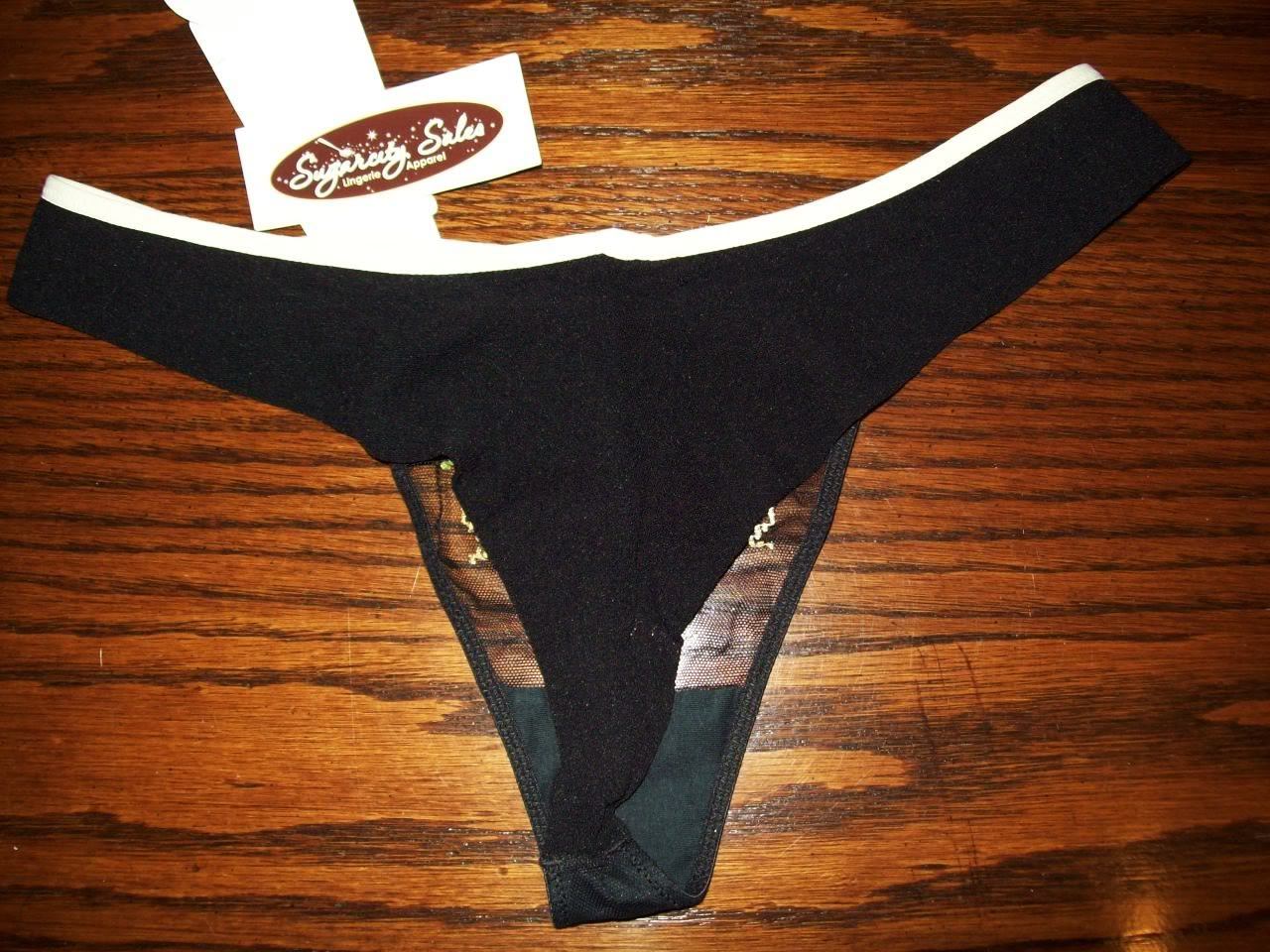 NWT CASSANDRA SHEER MESH FRONT w SAMPLER EMBROIDERY THONG PANTIES BLACK 50879 L