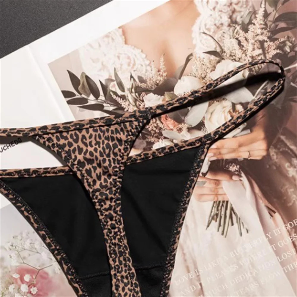 High Slit Spring/Summer New Leopard Print Thong for Women Sexy Ice Silk Seamless