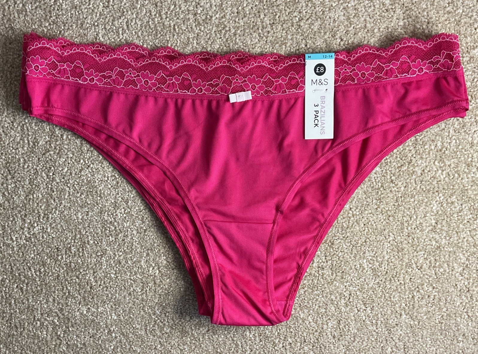 M&S 3 PACK Size Medium 12-14 Ladies Brazilian Knickers Hot Pink M Brazilians