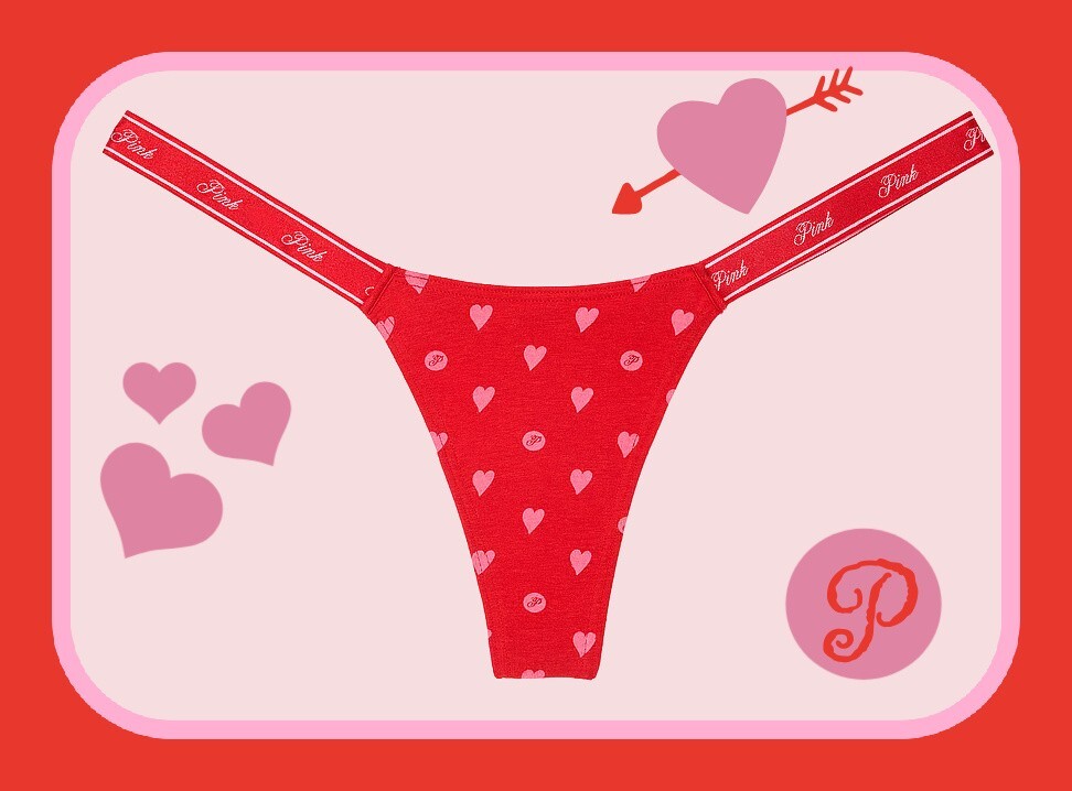 L Red Heart Dot Print PINK LOGO Cotton Micro HiCut Victorias Secret Thong Pantie