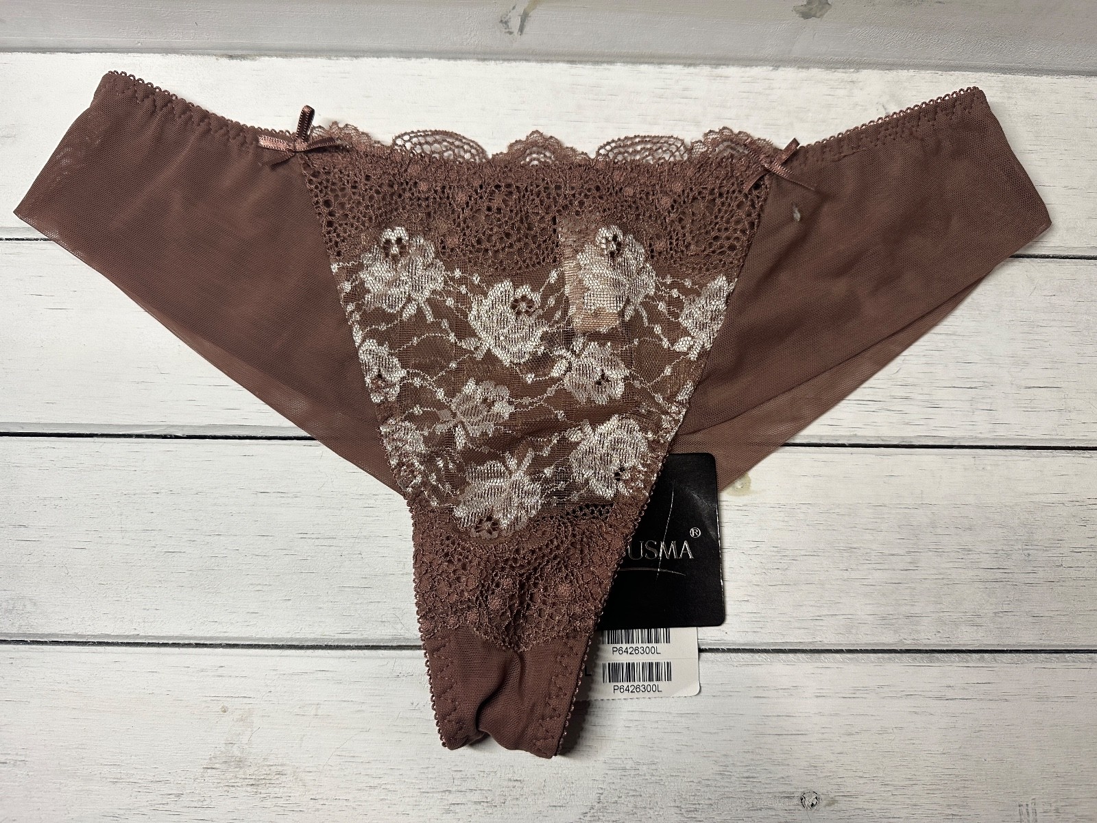 NWT Acousma European Women’s Sexy TANGA Cheeky Panty in Brown Sheer Lace • LARGE