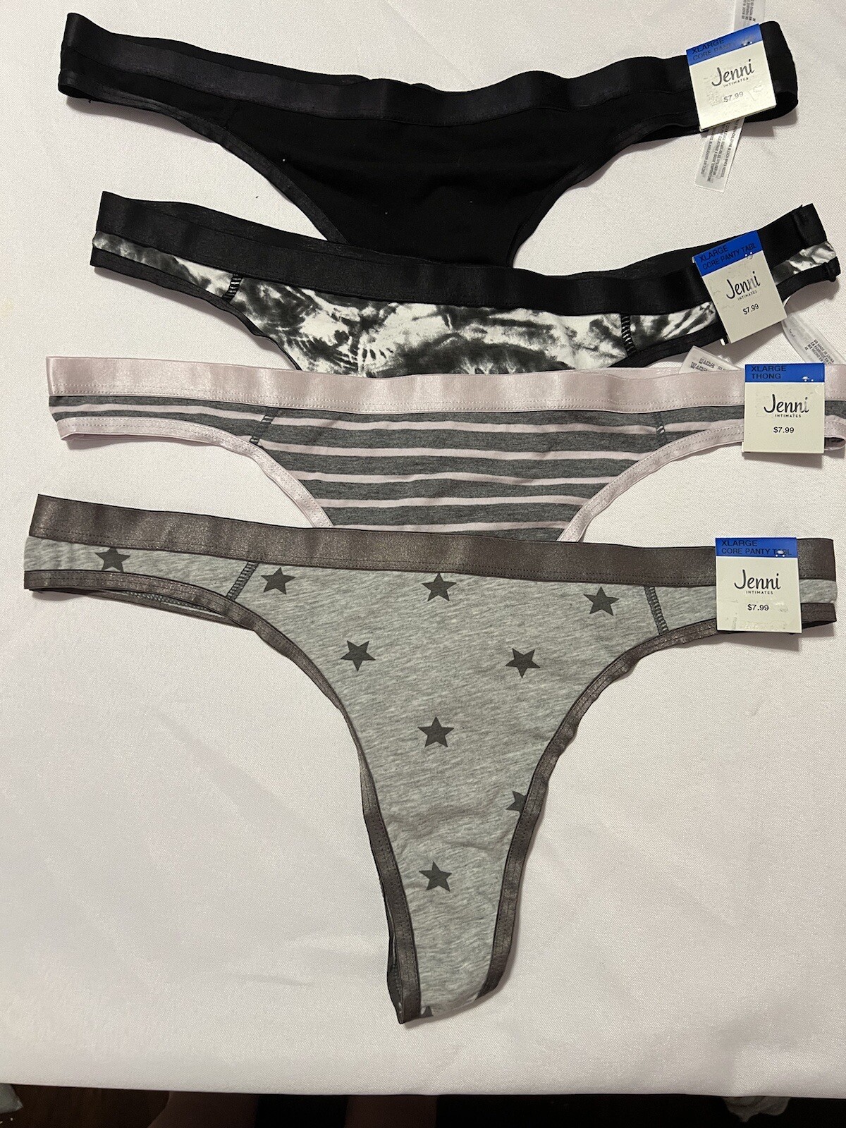 Jenni Women’s Thongs 4 Pair Size XLarge, Simple Stripe, Stars, Black, and TieDye