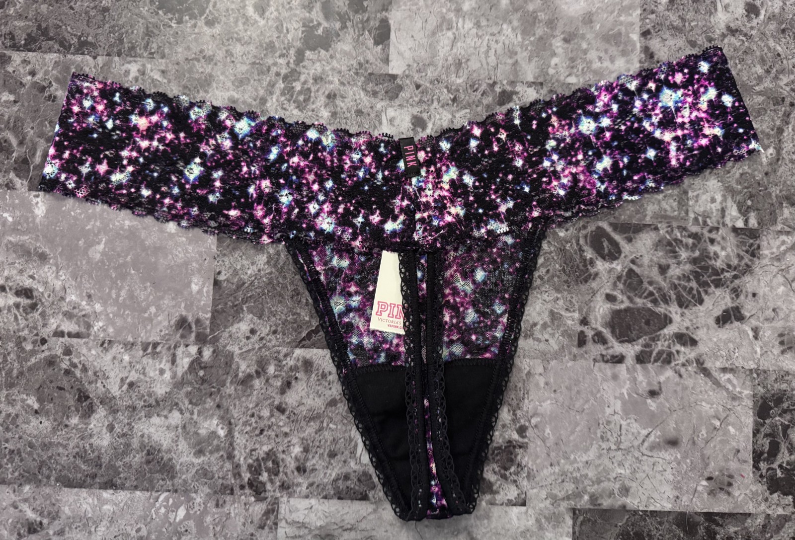 NWT VICTORIA’S SECRET PINK LARGE GALAXY CELESTIAL STAR LACE RARE THONG PANTIES