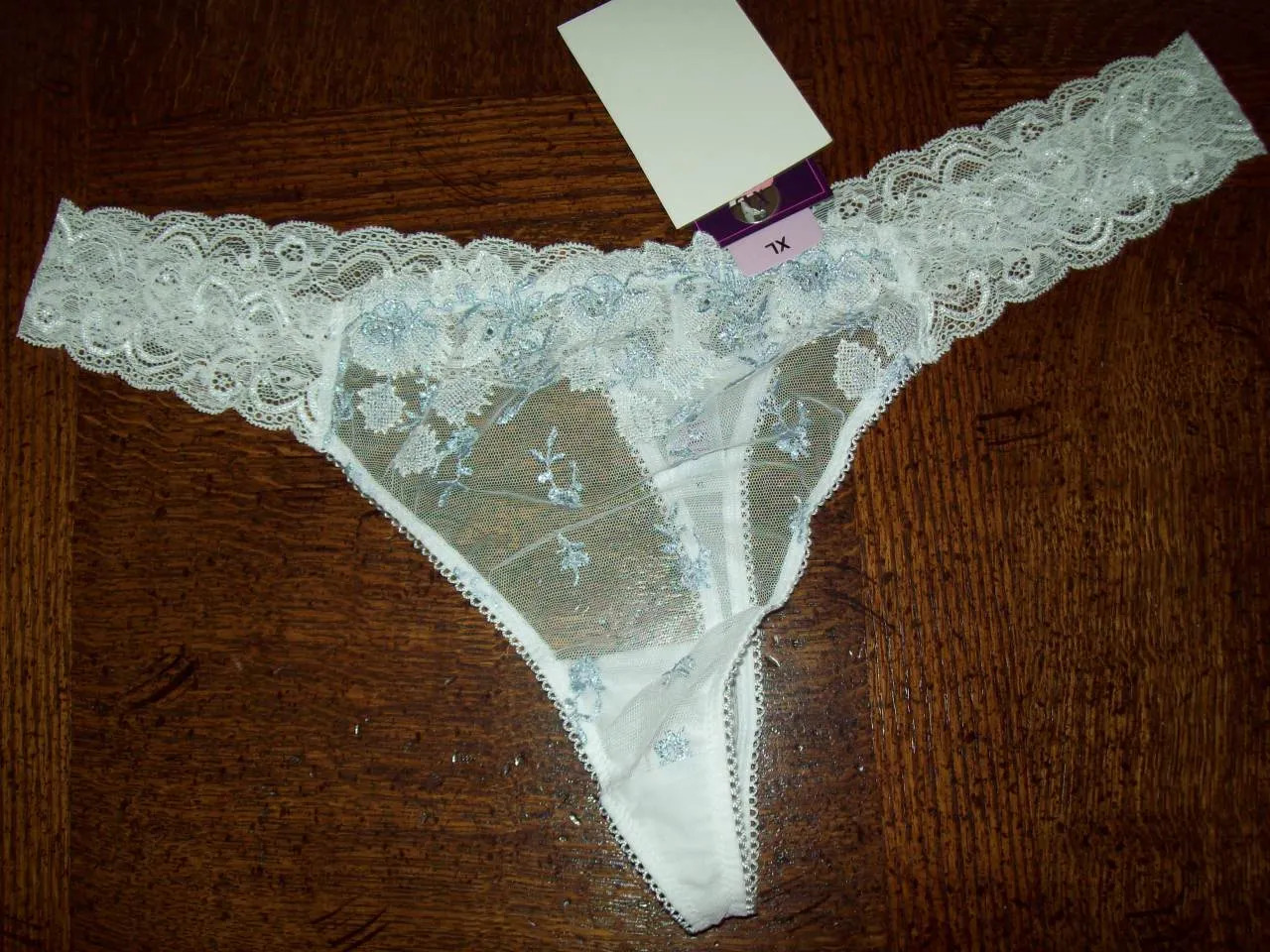 NWT SAKI SILVER NYLON SPANDEX THONG PANTIES w LACE BRIDAL LSP009 WHT/BLUE XL