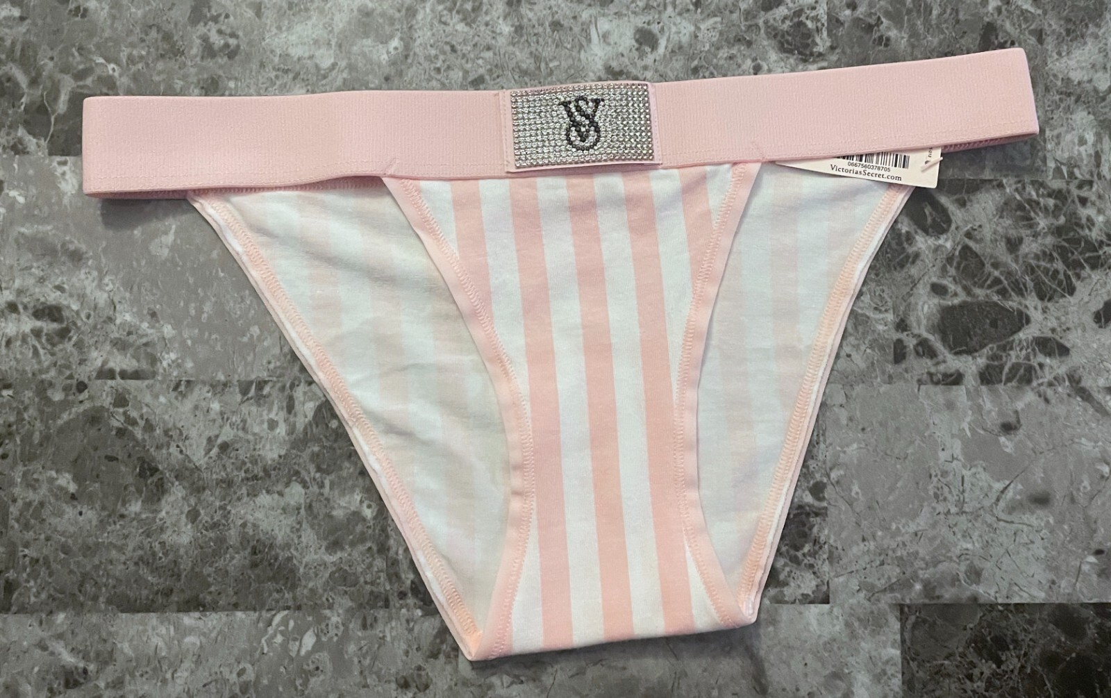 NWT VICTORIA’S SECRET PINK WHITE STRIPE BLING THICK BAND CHEEKY TANGA PANTIES