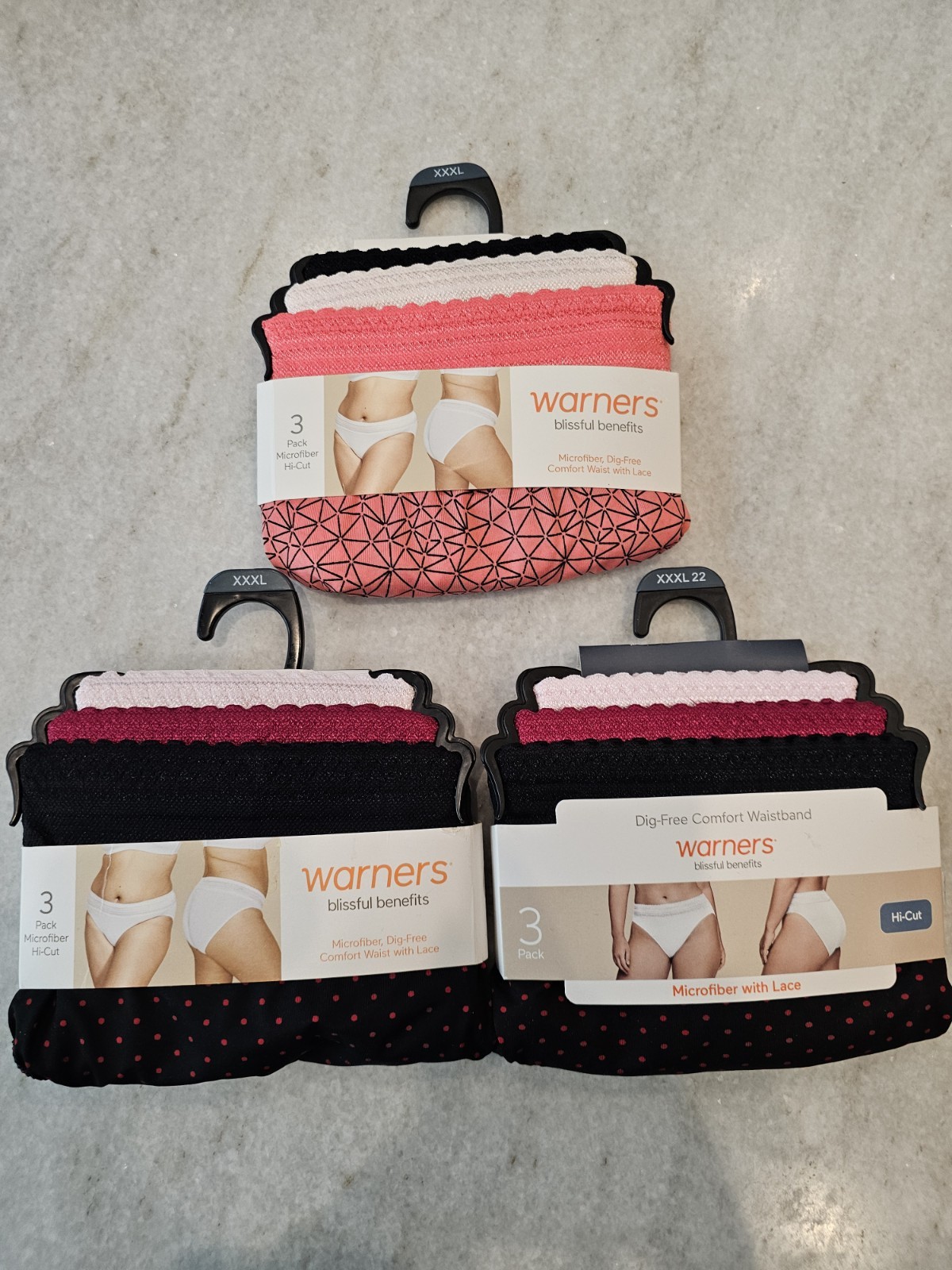 Warner’s Hi Cut Panties 9 Pc Total Lot 3XL Microfiber Lace 3 Packs Womens