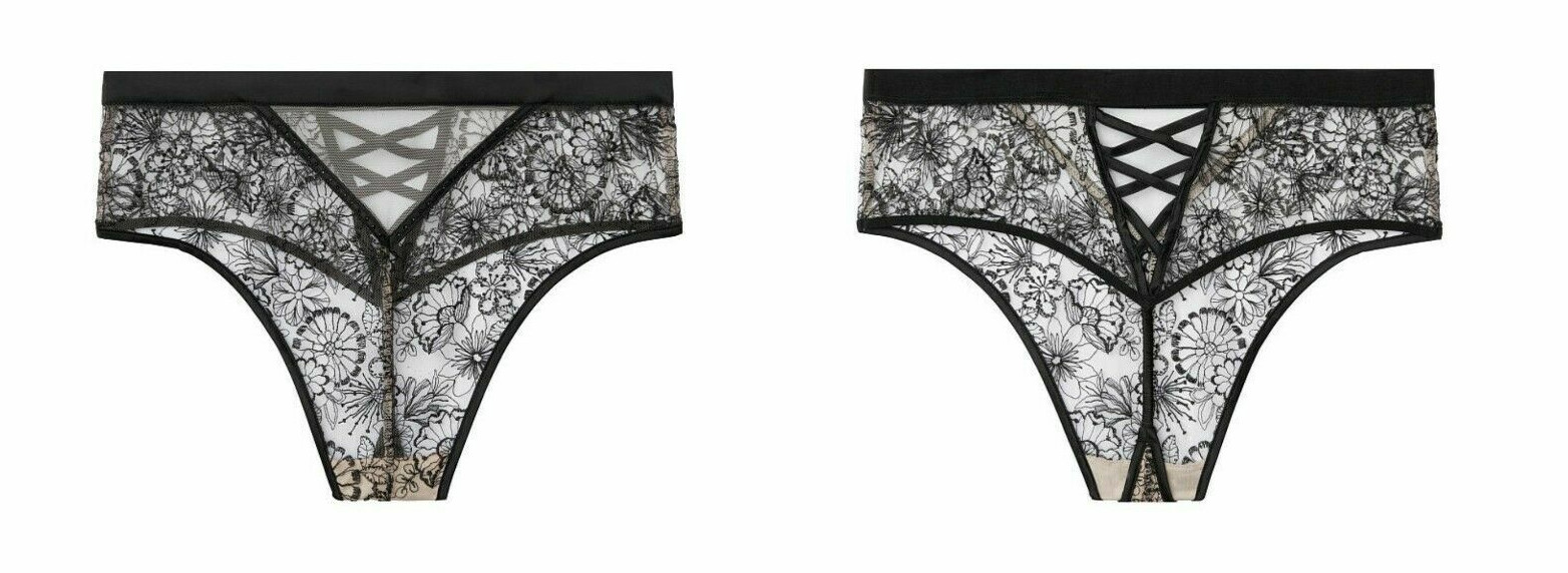 Victorias Secret Black Embroidered High Waist Thong Panty Size M Floral Lace-Up