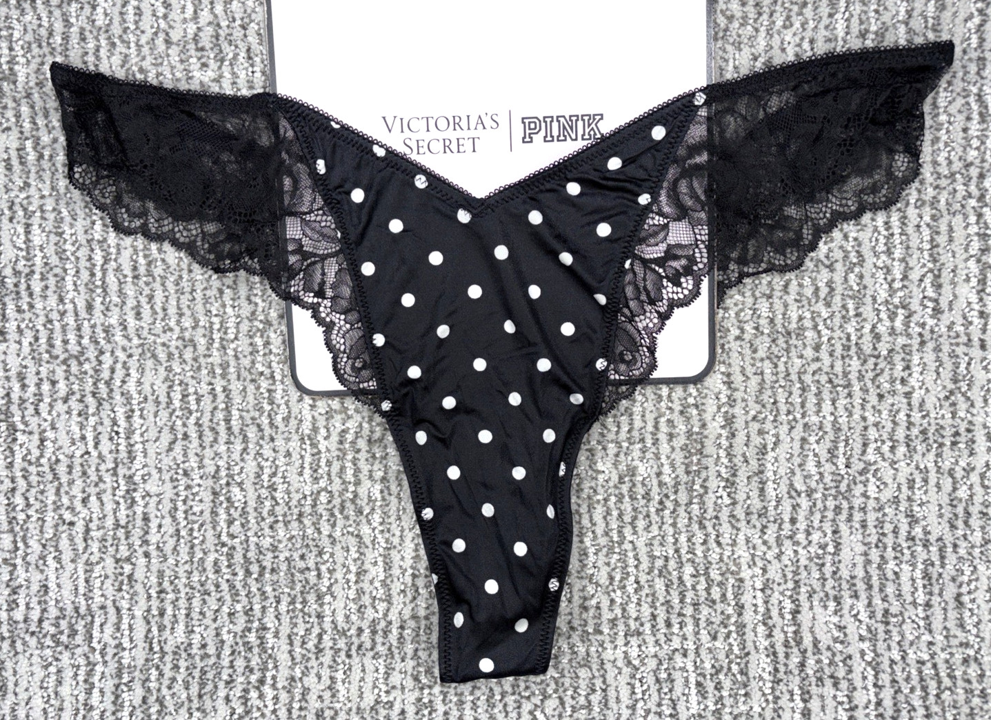 Victorias Secret VerySexy NWT XXL Black Polka Dot Lace Trim High Leg Thong Panty