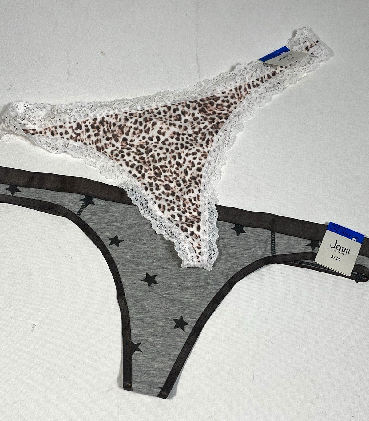 2 Pairs Jenni Thong Panties Womens XL X-Large Gray w/Stars & Leopard w/Lace trim