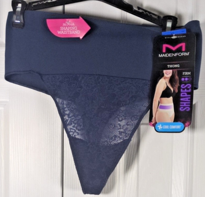 Maidenform Tame Your Tummy Tailored Thong Panties XL Blue Lace Shapewear DM0049