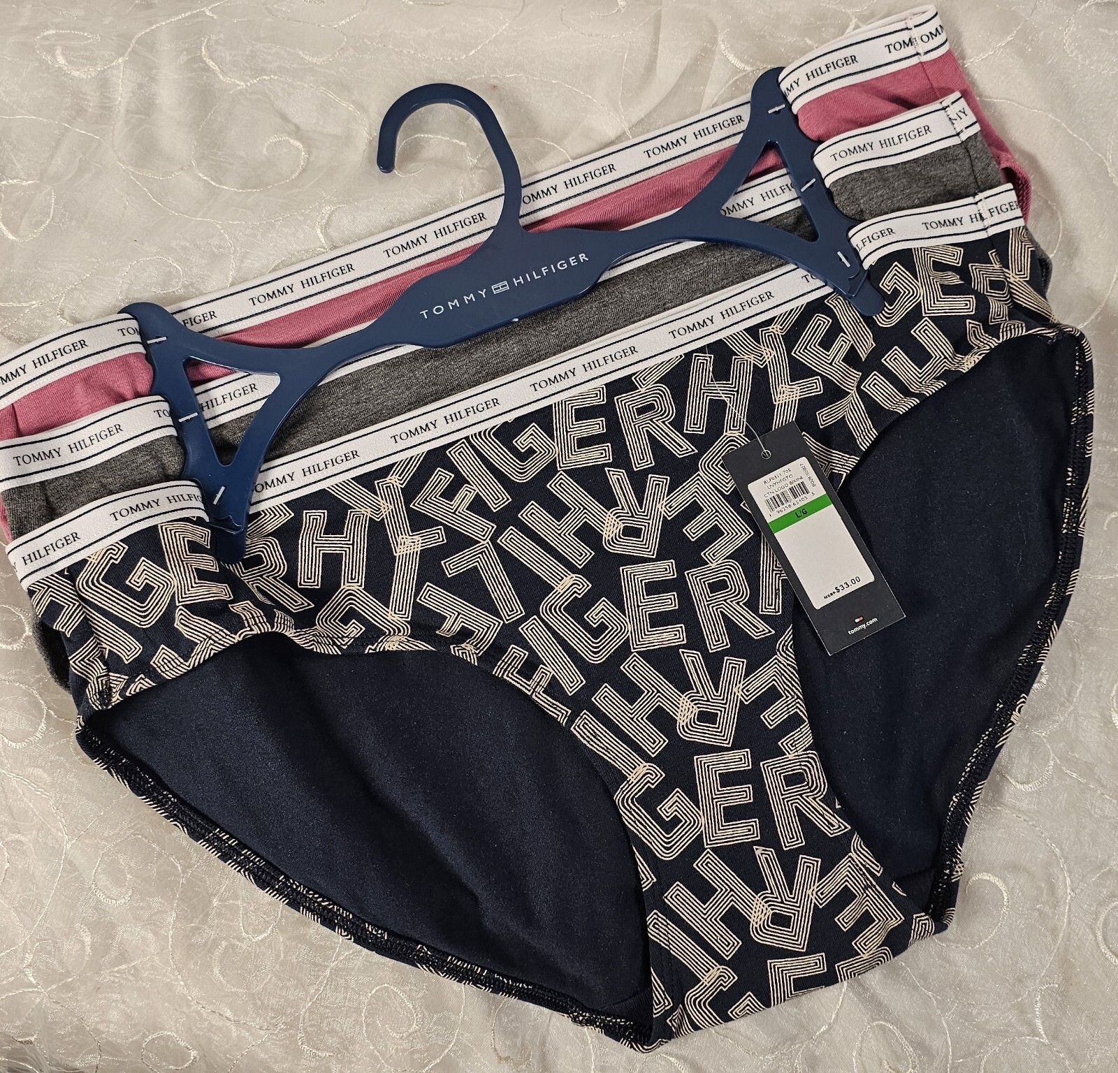 Tommy Hilfiger 3 Pack Cotton Stretch Bikini L Rose, Gray & Navy w/HILFIGER Print