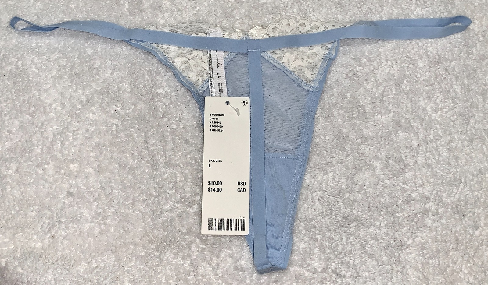 OUT FROM UNDER Semi Sheer Mesh Lace Lt Blue G String Thong Panty Womens Sz L 7